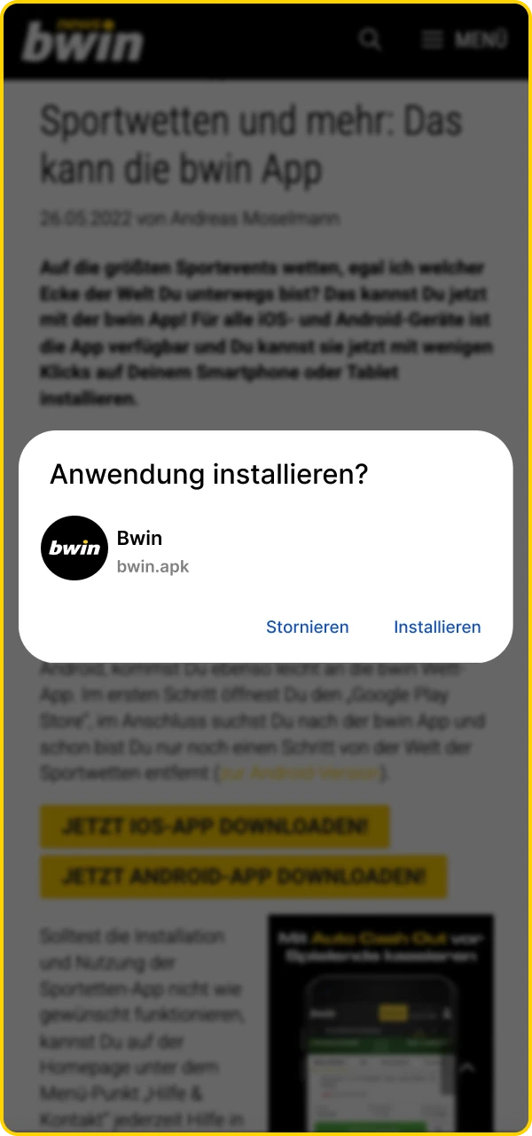 Stimmen Sie der Installation der Bwin Online Casino App auf Ihrem Android-Telefon zu.