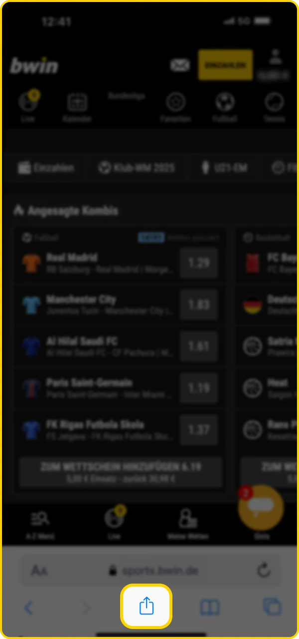 Klicken Sie in Ihrem Browser auf die Schaltfläche „Teilen“, um die Bwin Online-Casino-App auf Ihr iOS-Telefon herunterzuladen.