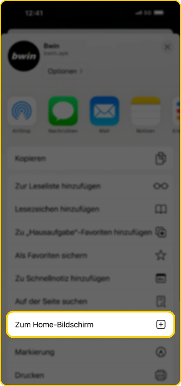 Klicken Sie auf Ihrem iOS-Telefon auf die Schaltfläche „Zum Home-Bildschirm hinzufügen“, um die Bwin Online Casino App zu spielen.
