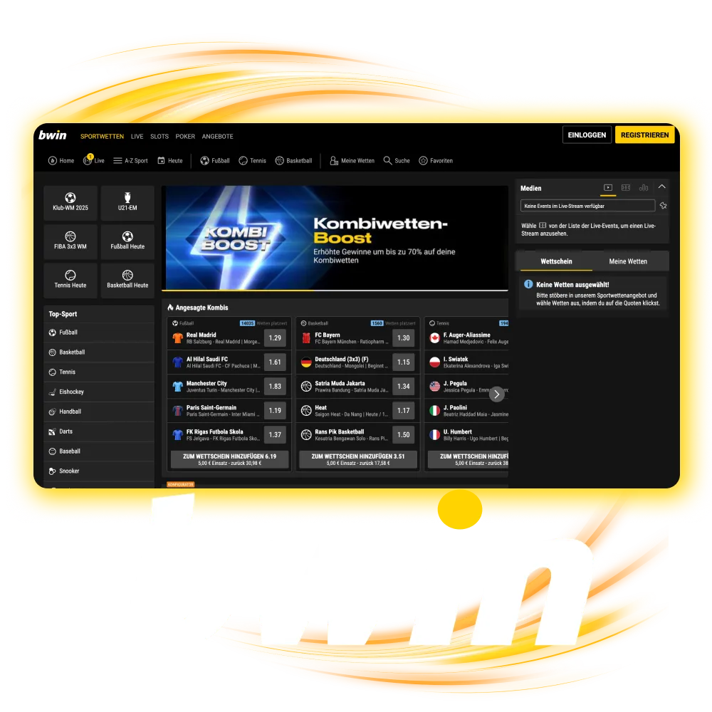 Melden Sie sich im Bwin Online Casino an, registrieren Sie sich und erhalten Sie Zugang zu Sportwetten und Boni.