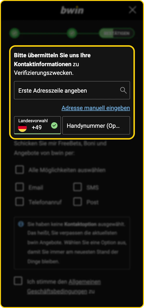 Um sich im Bwin Online Casino zu registrieren, geben Sie Ihre Adresse und Telefonnummer ein.