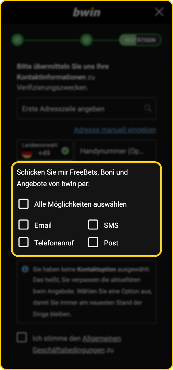 Wählen Sie bei der Registrierung im Bwin Online Casino eine für Sie bequeme Kommunikationsmethode.
