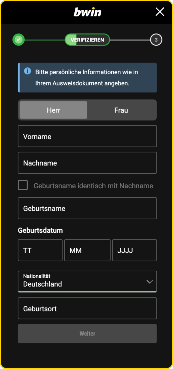 Um ein neues Konto im Bwin Online Casino zu erstellen, müssen Sie die Benutzerdaten ausfüllen.
