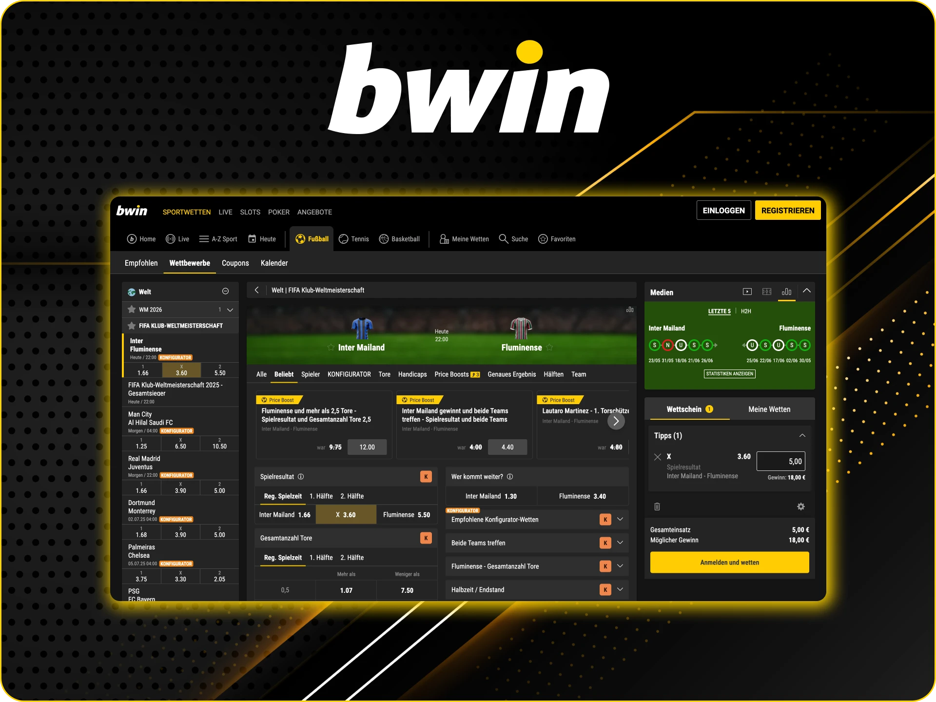 Platzieren Sie Live-Sportwetten im Bwin Online Casino.